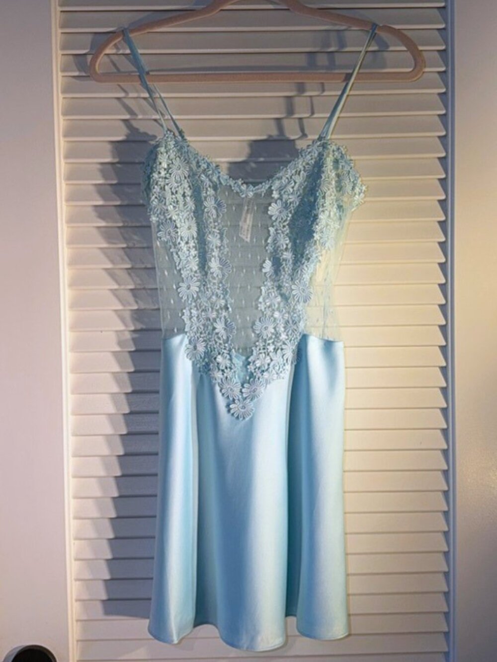 Flora Nikrooz Showstopper Light Blue Chemise Lace Appliqué Satin Nightgown